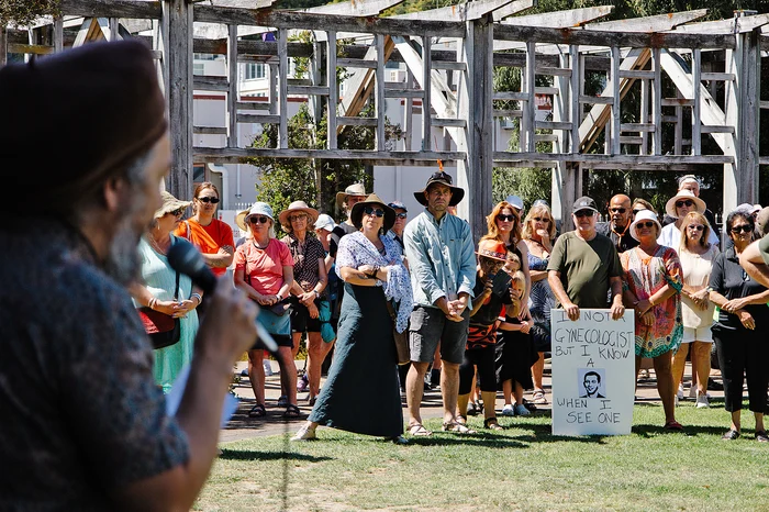 GATHERED FOR KORERO: Councillor Nándor Tánczos welcomes those who gathered for the Hikoi for Health on Saturday. 