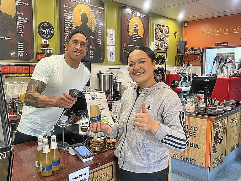 STILL LOCAL: Joe Harawira and Hayley Hiroki at The Bean, one of the local outlets for Wai Manuka. Photo supplied