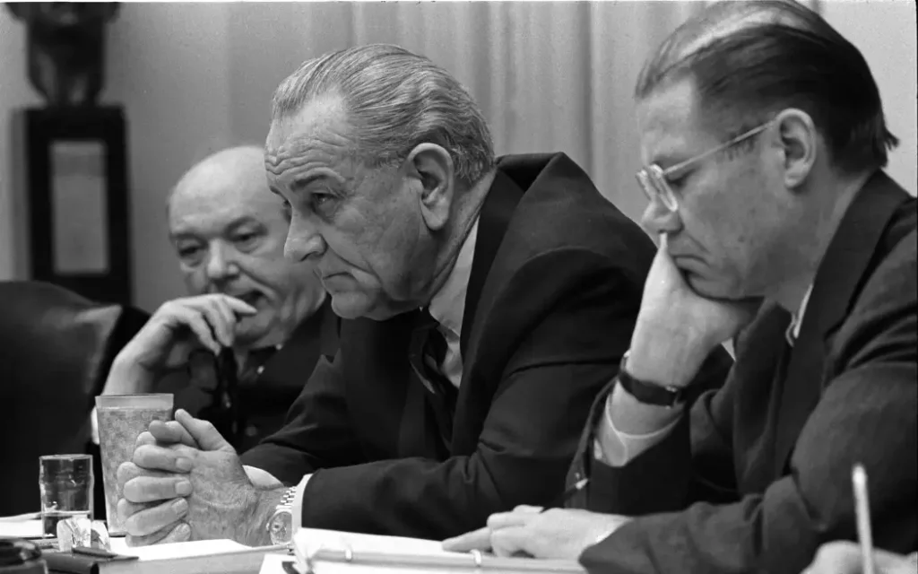 Godfather of 'rational' budgeting: US Secretary of Defence Robert McNamara (right), with US president Lyndon B Johnson (centre), in a Cabinet meeting, in 1968