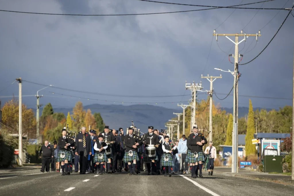The Hokonui celtic pipe band leading a parade in the small community of Balfour. The small Southland community has just 75 ratepayers, but its new wastewater system is budgeted to cost $11m - equivalent to nearly $150,000 each.