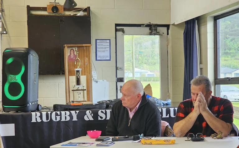 OVERSEERS: MC Rob Meharry and timekeeper Murray Orr at the Matatā Residents Association Meet the Candidates event.