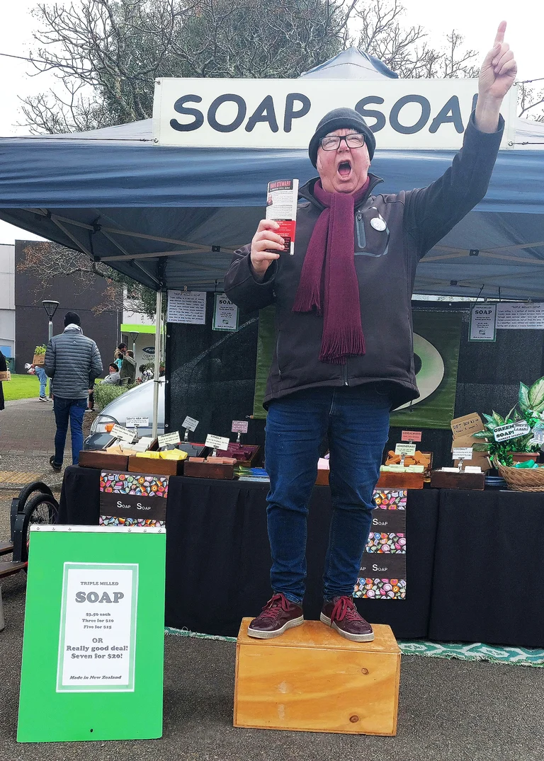 SOAP BOX REFORMER: Whakatāne council candidate Dave Stewart says he will not get off his soap box on the subject of rates reform, especially when he spies such a well made one at a hand-made soap stall at the Whakatāne Sunday Market. Photo supplied